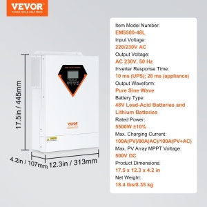 Invertor solar hibrid VEVOR 2-in-1 5500W Invertor solar 11000VA Afisaj LCD MPPT cu unda sinusoidala pura 3 moduri de incarcare (incarcare solara, incarcare la retea, incarcare hibrida) si 4 moduri de iesire (UTL, SOL, SBU, SUB) - Img 7