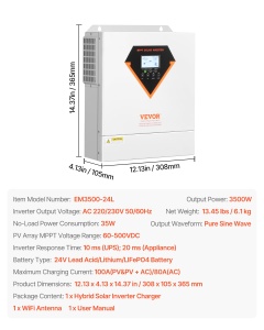 Invertor solar hibrid VEVOR EM3500-24L 3500W 24V MPPT 100A sinus pur - Img 7