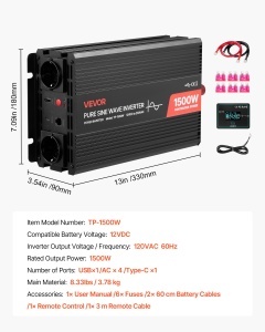Invertor VEVOR 1500W 12V DC la 230V AC Reine Sinus cu Telecomanda si Porturi USBType-C - Img 7