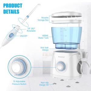 Irigator oral electric Sawgmore cu 10 niveluri de presiune si 8 duze, ata dentara profesionala pentru curatarea Zan, rezervor de apa de 600 ml, perfect pentru familie - Img 6