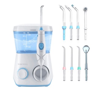 Irigator oral TUREWELL, Curatator interdental electric cu 10 niveluri de presiune si 8 duze, Irigator oral impermeabil IPX7, ata dentara de apa de 600 ML pentru casa (alb)