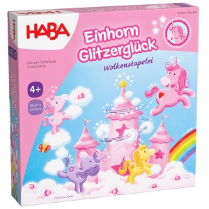 Joc de Stivuire HABA Einhorn Glitzergluck, 5 figurine unicorni, 10 nori, 4 ani