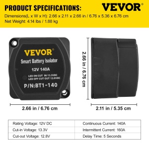 Kit de incarcare divizata VEVOR Dual Battery Disconnect Relay 12V, set de relee sensibil la tensiune de 140A -30 pana la 105degC, incarcator automat si set de cabluri pentru camion, RV, atelier, masina si nava - Img 7