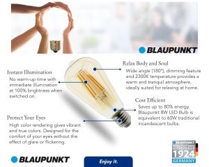Lampa LED Retro Blaupunkt E27 ST64, 8W, 2300K, 806 Lumen - Img 6