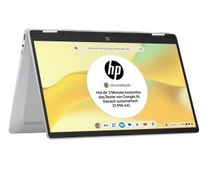 Laptop HP Chromebook x360, ecran tactil de 14", procesor Intel N100, 4 GB RAM DDR4, 128 GB eUFS, grafica Intel UHD, sistem de operare ChromeOS, QWERTZ, Gemini, Argintiu