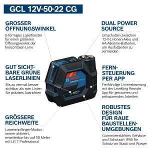 Laser combinat Bosch Professional GCL 12V-50-22 CG (raza de lucru de pana la 50 m cu receptor, sursa de alimentare dubla, aplicatie de la distanta de nivelare, suport RM 20, adaptor pentru baterie, 4 x 1.5V LR6, geanta, BT 150) - Img 2