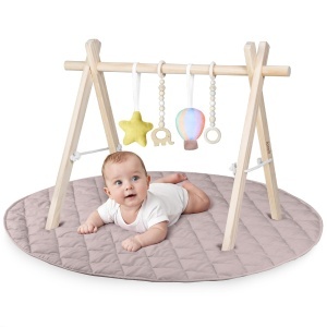 Lionelo Anis Baby Gym cu arc din lemn si saltea de joaca 100 cm Montessori - Img 1