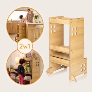 LIONELO CASS Ajutor de bucatarie Gadget de bucatarie 2 in 1 Montessori Turn de invatare De la 1 an Bara de siguranta reglabila pe inaltime Scaun de bucatarie stabil Raft de carti Pana la 30 kg - Img 2