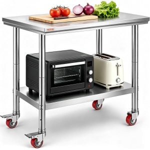 Masa de lucru din otel inoxidabil VEVOR 90 x 60 x 85 cm, 136 kg capacitate, cu 4 roti