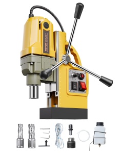 Masina de gaurit magnetica VEVOR, motor de 1200 W, magnetica, electrica, 12500 N, diametru de gaurire de 40 mm, cu 2 burghie, viteza variabila, pentru suprafete metalice, galben