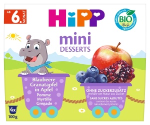 Mini-Desserturi HiPP Bio cu Afine si Rodie, 6x100g, Fara Zahar Adaugat