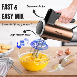 Mixer de mana Bestron Power, mixer de mana puternic cu 6 niveluri, functie Turbo si afisaj LCD, mixer incl. 2 teluri si 2 carlige pentru aluat, usor de 1 kg, culoare: cupru - Img 3
