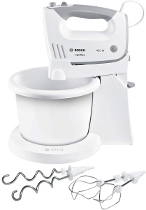 Mixer de mana Bosch MFQ36460, 450 W, cu bol rotativ si suport, alb
