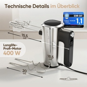 Mixere manual ProfiCook PC HM 1335, 400W, 5 viteze, accesorii din otel inoxidabil - Img 7