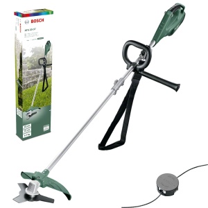 Motocoasa Bosch AFS 23-37 (lama cu 3 lame, bobina pentru taierea firelor, 3 fire de taiere, maner suplimentar, capac de protectie, carton, 1000 wati)