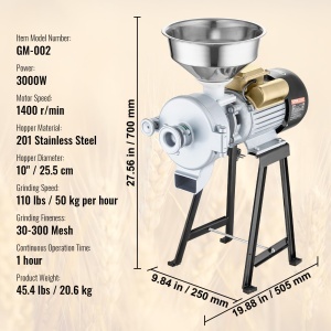 Moulin de cereale electrica VEVOR GM-002, 3000W, 50 kgh, inox - Img 7