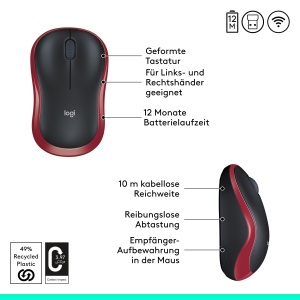 Mouse fara fir Logitech M185, 2.4 GHz cu receptor Nano USB, durata de viata a bateriei de 12 luni, urmarire optica de 1000 DPI, pentru stangaci si dreptaci, compatibil cu PC, Mac, laptop - rosu - Img 7
