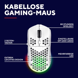 Mouse Gaming Wireless Trust Gaming GXT 929 Helox, Mouse Ultrausor 75g, 80h Utilizare Continua, Receptor Micro USB 2.4GHz, DPI Reglabil (800-4800), 6 Butoane Programabile, Gaming PC MMO - Alb - Img 2