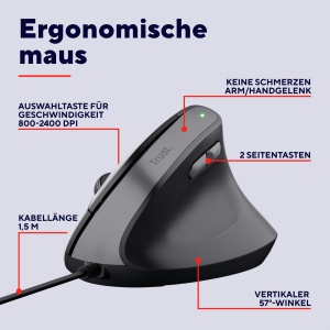 Mouse vertical Trust Yuno, Mouse ergonomic pentru dreptaci, Prevenirea cotului mouse-ului/cotului de tenis (Sindromul RSI), 60% plastic reciclat, Mouse PC cu cablu, Computer, Laptop, Mac - Negru - Img 2