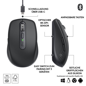 Mouse wireless Logitech MX Anywhere 3S Graphite 8K DPI Bluetooth USB-C - Img 7