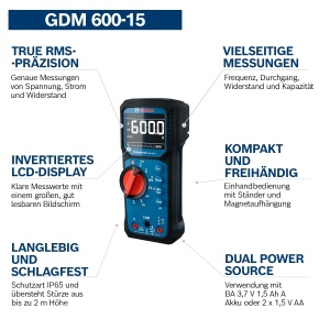 Multimetru digital profesional Bosch GDM 600-15 True RMS LCD inversat masoara frecventa continuitate rezistenta capacitate min max medie cabluri de te - Img 3