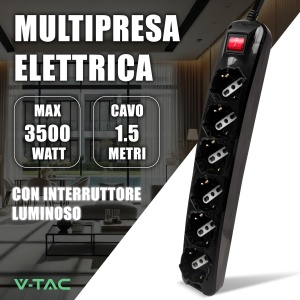 Multipriza V-TAC cu 6 priza, 1.5m cablu, culoare neagra - Img 2