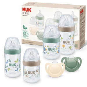 NUK for Nature Set Perfect Start Biberon si Suzeta 0-6 luni 100% materii prime naturale 4 x sticle (150 ml + 260 ml) 2 x Suzeta din silicon fara BPA 6 bucati