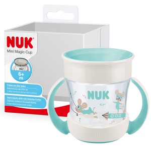 NUK Mini Magic Cup Cana pentru cursanti | Janta de baut la 360deg etansa | de la 6 luni | manere practice | Fara BPA | 160 ml | Mouse albastru