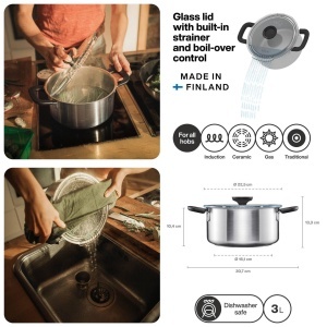 Oala cu capac Fiskars, 3 litri, inox reciclat, 22,5 cm, argintieneagra - Img 2