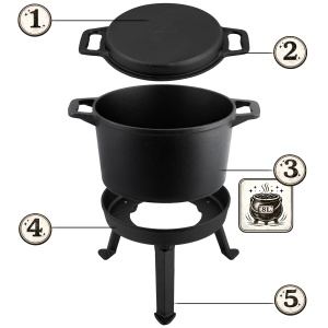 Oala de fonta Berdsen 8L - Negru, 2-in-1 cu capac si 3 picioare - Img 2