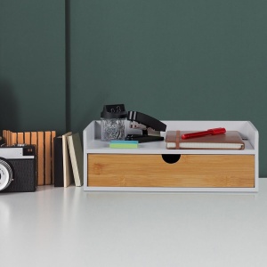 Organizer birou Relaxdays cu 1 sertar, din bambus, albnatural, 11 x 32 x 22 cm - Img 5