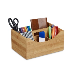 Organizer birou Relaxdays din bambus, 4 compartimente, natural
