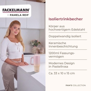 Pahar izolat FACKELMANN 1200 ml, inox, roz, cu capac si pai - Img 3