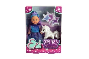 Papusa Simba Evi Love Fantasy Princess 12 cm cu rochie albastru-lila si unicorn stralucitor