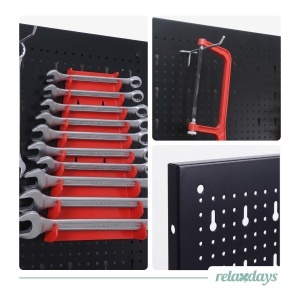 Perete pentru unelte Relaxdays, 4 placi, 39 piese accesorii, 60x40 cm, otel, negrurosu - Img 9