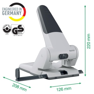 Perforator Leitz Extra Strong, pentru 65 de coli, perforator mare si puternic pentru perforare fara efort la birou, aluminiu turnat sub presiune, piese din plastic reciclat, 100% reciclabil, negru, 51800095 - Img 2