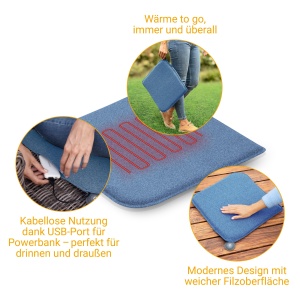 Perna de scaun Medisana OL 650 cu functie de caldura, perna de caldura pentru utilizare in aer liber pe vreme rece, perna de incalzire cu 3 niveluri de temperatura cu suprafata moale din pasla, albastru - Img 4