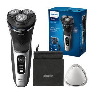 Philips Shaver Series 3000 - Aparat de ras electric umed si uscat pentru barbati in negru, cu tehnologie SkinProtect, aparat de tuns barba pliabil si geanta de calatorie, fara fir (model S3241/12)