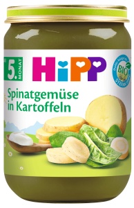 Piure de legume HiPP Bio cu spanac si cartofi, 6 x 190g, fara sare, cu Omega-3