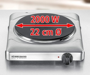 Plita ROMMELSBACHER THS 2022/E - Fabricata in Germania, placa fierbinte din fonta XXL O 220 mm, comutator in 7 timpi, control controlat de putere, protectie la supraincalzire, 2000 wati, otel inoxidabil - Img 3