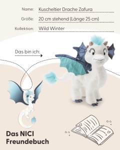 Plush Dragon NICI Zafura 20cm - alb - cu efect stralucitor si aripi albastre - Img 5