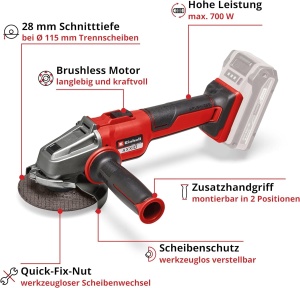 Polizor unghiular profesional cu acumulator Einhell AXXIO 18/115 Q Li-Solo Power X-Change (18 V, 700 W, O 115 mm, adancime de taiere 28 mm, fara perii, canelura de fixare rapida, fara roata de taiere, fara baterie) - Img 5