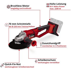 Polizor unghiular profesional cu acumulator Einhell AXXIO 36/230 Q Power X-Change (36 V, 2200 W, O disc 230 mm, adancime de taiere 70 mm, fara perii, canelura de fixare rapida, fara disc, fara baterie) - Img 5