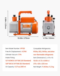 Pompa de Vacuum VEVOR VP135, 4 CFM, pentru R134a, R22, R410a - Img 7
