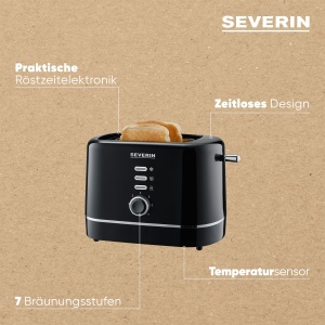 Prajitor de paine automat SEVERIN, prajitor de paine mic pentru 2 felii, de inalta calitate, pentru prajire, dezghetare si incalzire, 850 W, negru, AT 4321 - Img 4