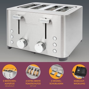 Prajitor de paine ProfiCook(r) | Prajitor de paine cu 4 felii | Carcasa din otel inoxidabil | 1500 wati | Slot larg | Atasament pentru role (detasabil) | 7 niveluri de bronzare reglabile | Sertar firimituri | Bobina de cablu | PC-TA 1252 - Img 7