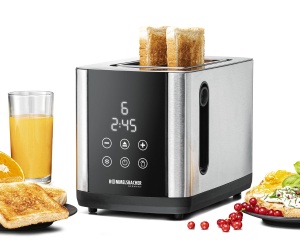PRAJITOR DE PAINE ROMMELSBACHER TO 850, 2 fante largi pentru paine prajita pana la XL, centrare automata felii de paine, afisaj LED, afisaj cu numaratoare inversa, 9 niveluri, nivel de dezghetare, atasament pentru chifle, sertar pentru firimituri