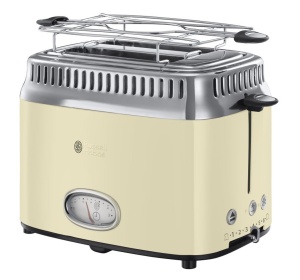Prajitor de paine Russell Hobbs [pentru 2 felii] Retro Stainless Steel Cream (afisaj cu numaratoare inversa in design retro, inclusiv atasament pentru chifla, 6 niveluri de rumenire + functie de dezghetare si incalzire, 1300W) Vintage 21682-56 - Img 1