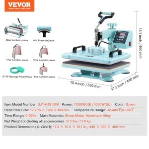 Presa termica VEVOR, 30 x 38 cm, masina de transfer termic 8 in 1 cu presa de pahar de 6-30 oz, presare de tricouri pivotante la 360deg, control digital de precizie, pentru tricouri/cani/palarii, verde - Img 10