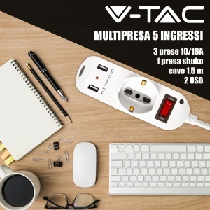 Priza multipla V-TAC cu 3 prize 2 USB, 16 A, alb - Img 2
